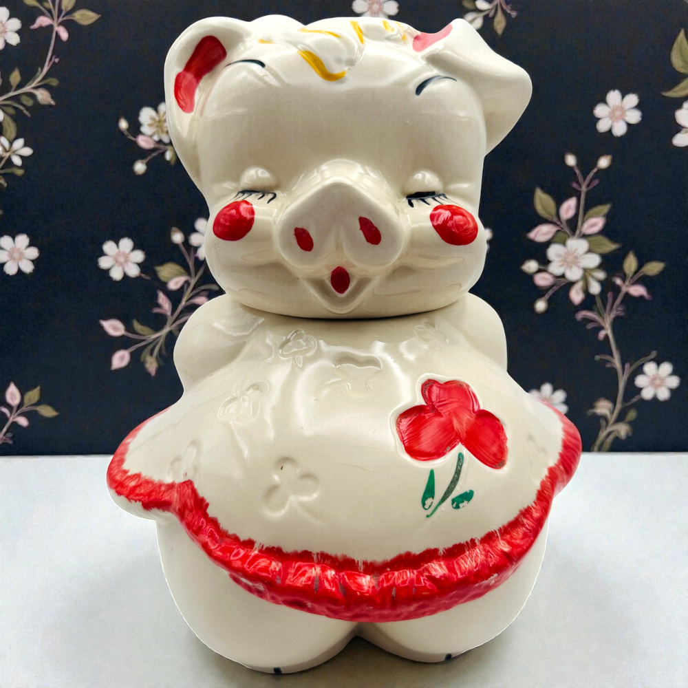 American Bisque Pig Cookie Jar Vintage Anthropomorphic Smiling Girl Kitschy 11"